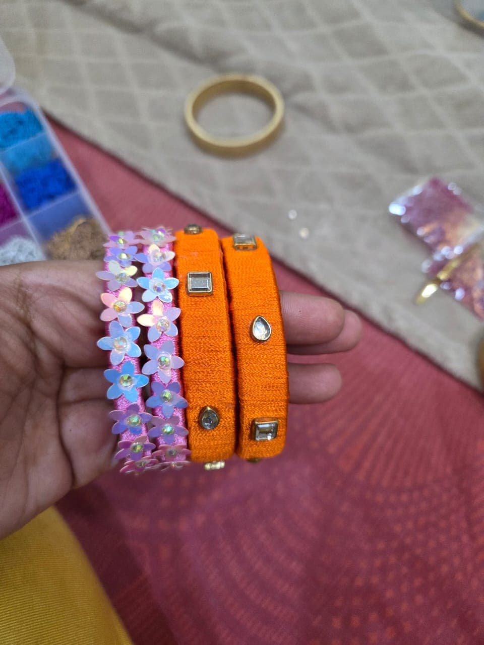 Orange Kundan Bangles (Set of 3)