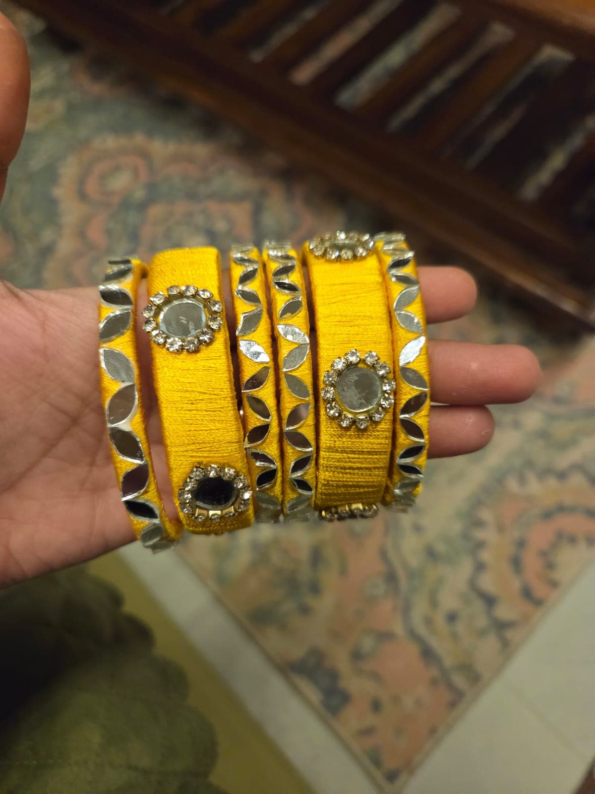 Yellow Kundan Mirror Bangles (Set of 5)